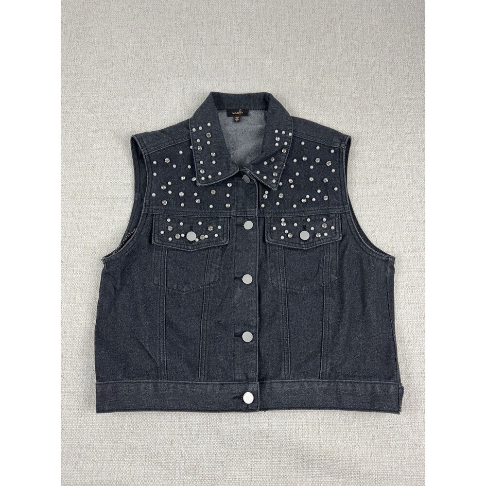 Ontwelfth Sleeveless Beaded Women's Black Button Up Collared Denim Vest